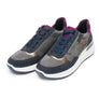 Pair of gray sneakers with red and gold highlights