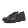 A black leather shoe with thick black sole. Black laces and silver side zipper.
