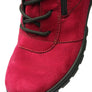 Close up of red shoe with zipper and laces