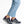 Pair of gray sneaker with red and gold highlights worn by someone with blue jeans