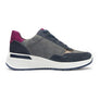 Gray sneaker with red and gold highlights