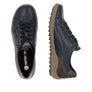 Pair of navy blue leather shoes from the top and the side