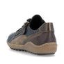 Navy colored sneaker with brown tints and a zipper