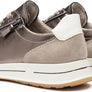 Pair of metallic silver sneakers with laces and a small zipper