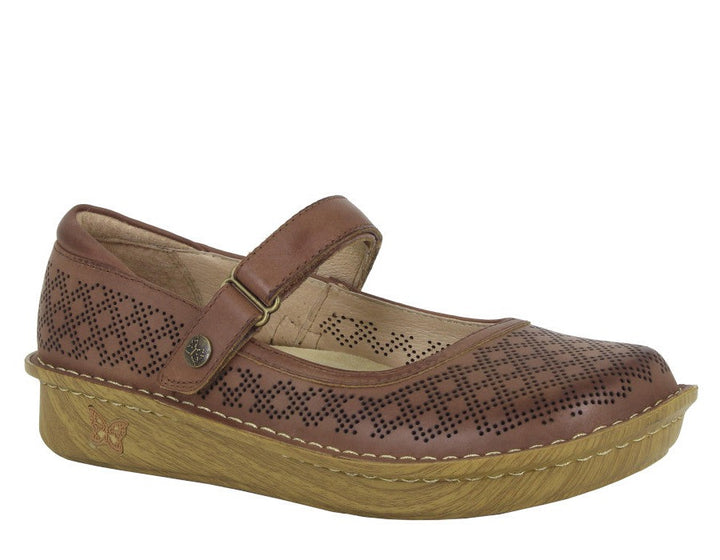 Brown Mary Jane shoe with small circular perforated hole over shoe. Single velcro strap to support foot in shoe.