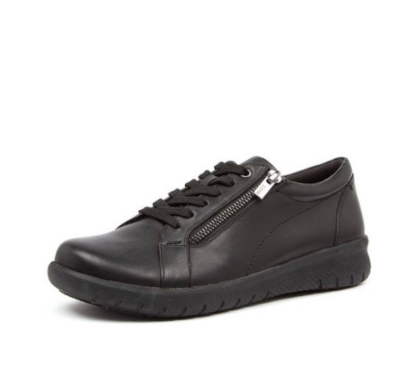 A black leather shoe with thick black sole. Black laces and silver side zipper.
